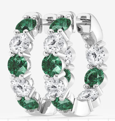Grown Emerald & Diamond Hoop Earrings in 14K White Gold