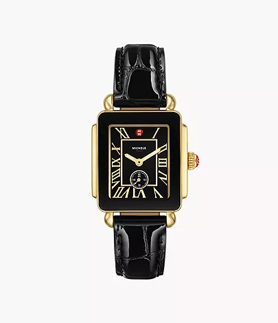 Deco Sport Mid Gold-Plated Noir Leather Watch by Michele Watches