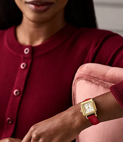 Deco Sport Mid Gold-Plated Ruby Red Leather Watch by Michele Watches