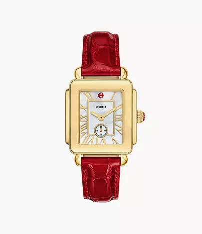 Deco Sport Mid Gold-Plated Ruby Red Leather Watch by Michele Watches