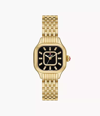 Meggie Black Dial 18K Gold-Plated Diamond Watch by Michele Watches
