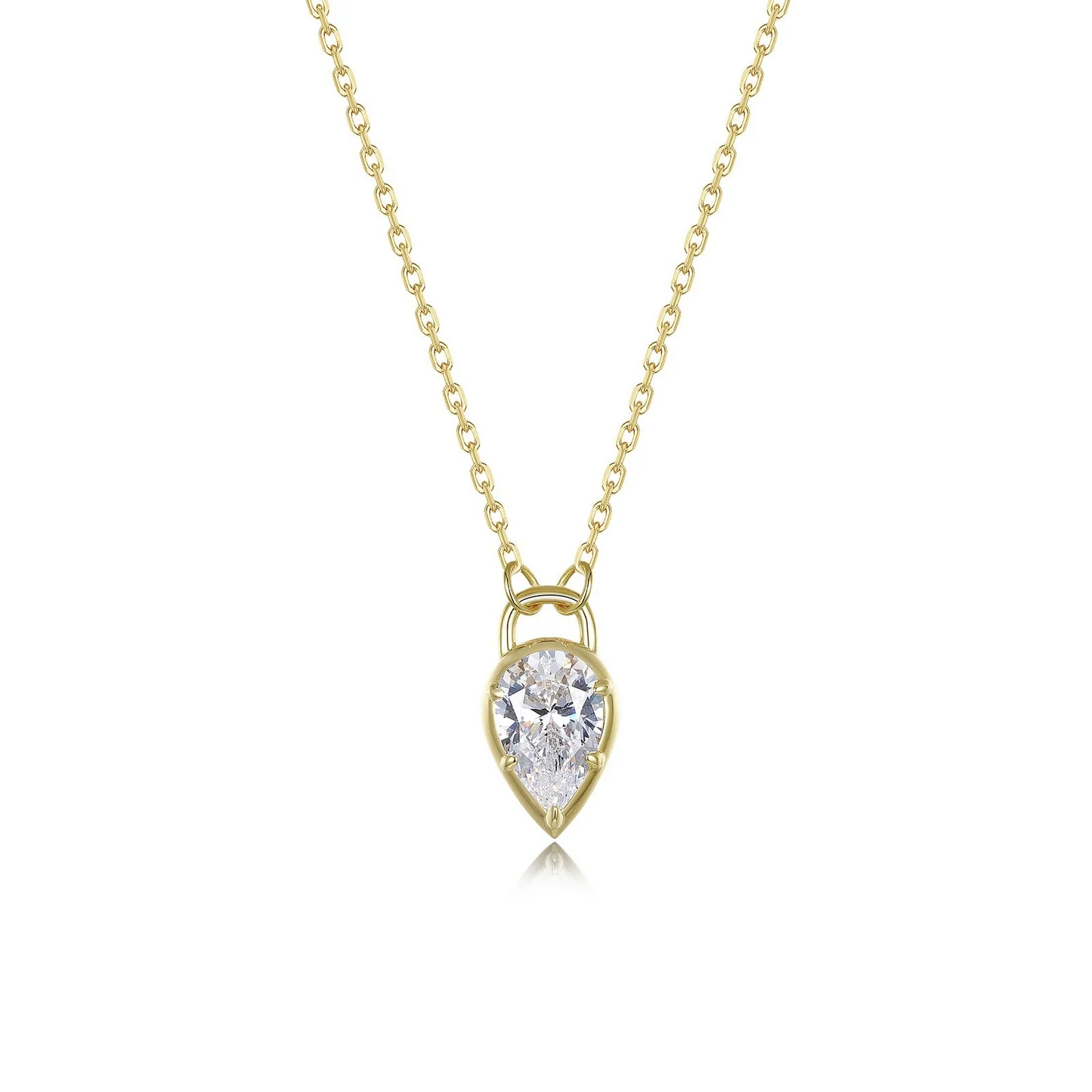 Simulated Diamond Pear Lock Necklace in Gold Plated Sterling Silver