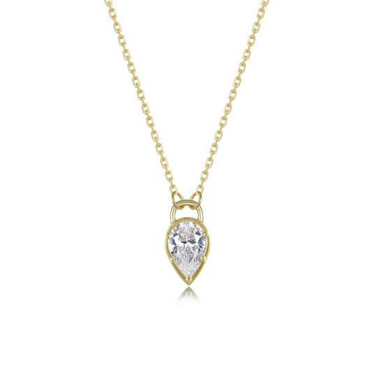 Simulated Diamond Pear Lock Necklace in Gold Plated Sterling Silver