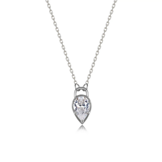 Simulated Diamond Pear Lock Necklace in Sterling Silver
