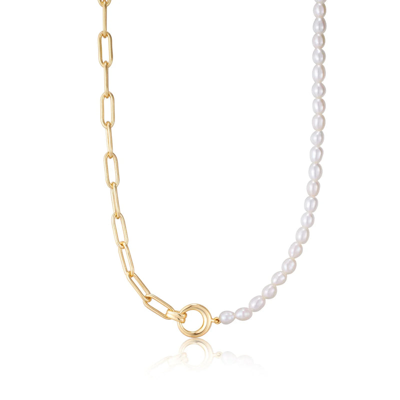 Gold Pearl Chunky Link Chain Necklace in Sterling Silver