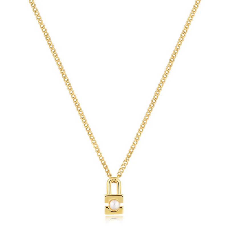 Gold Pearl Padlock Necklace