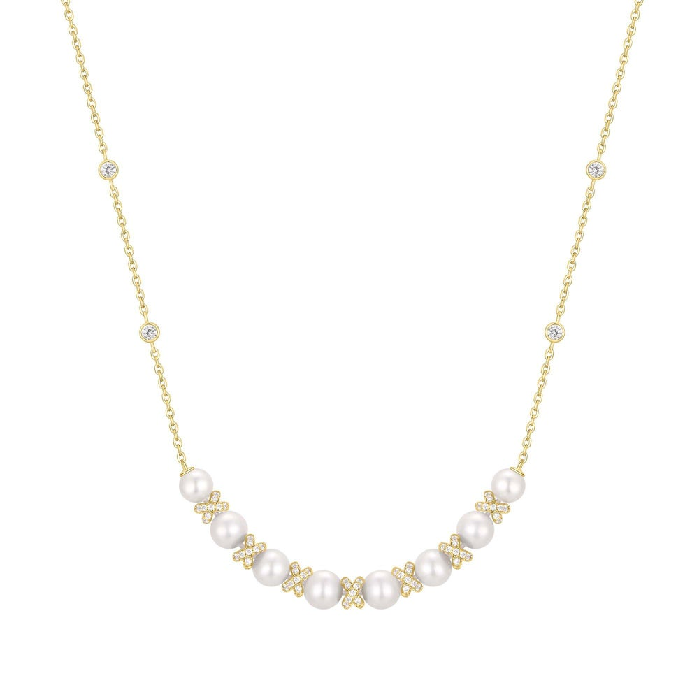 Pearl and X Stone Bib Necklace Gold Plated Sterling Silver