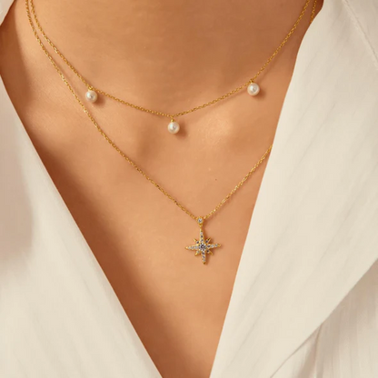 Triple Shell Pearl Station Necklace in Gold Plated Sterling Silver