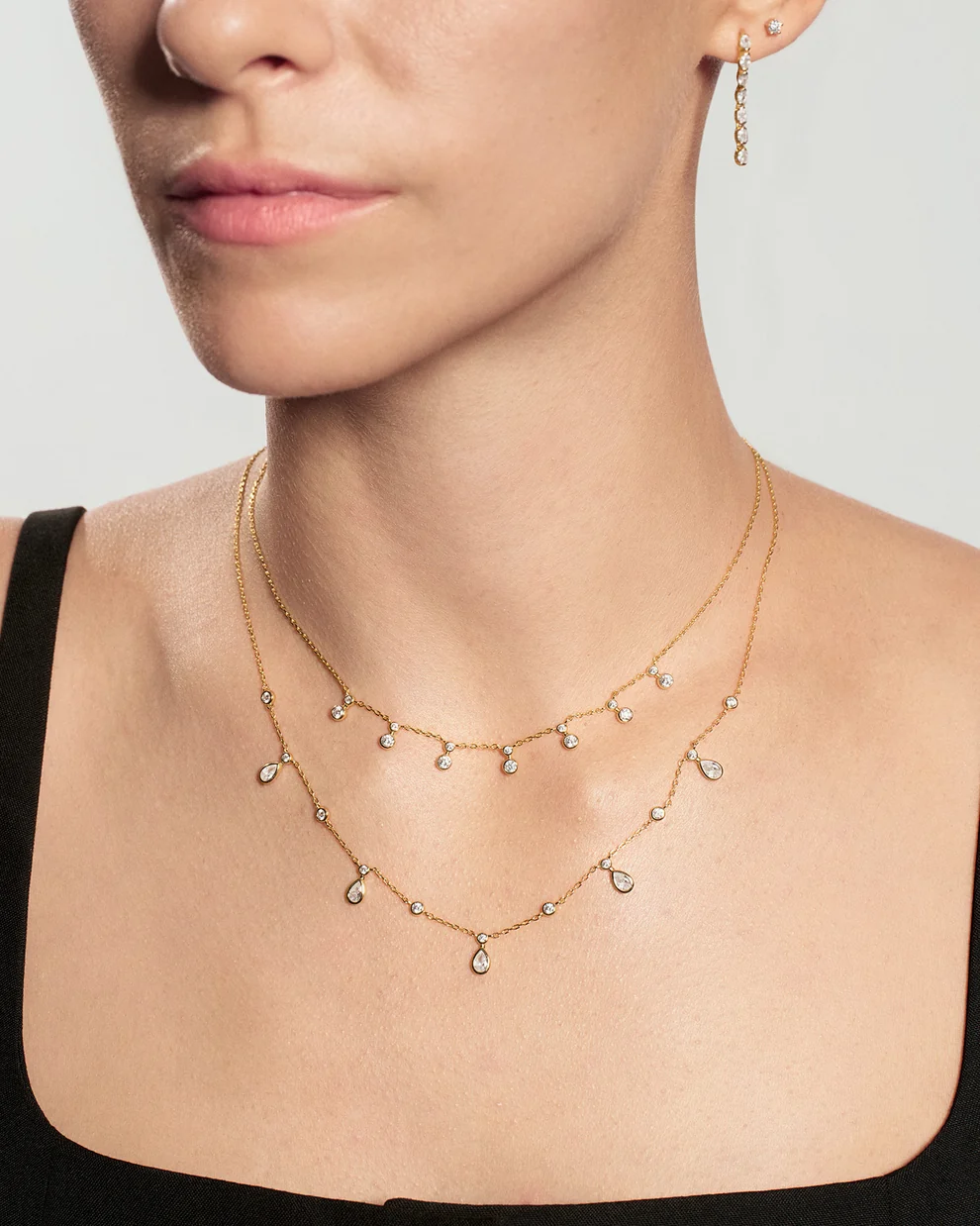 Bezel Teardrop Drop Station Necklace in Gold Plated Sterling Silver