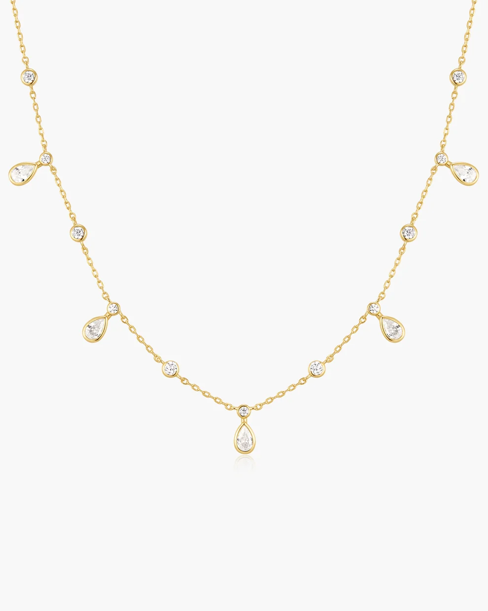 Bezel Teardrop Drop Station Necklace in Gold Plated Sterling Silver