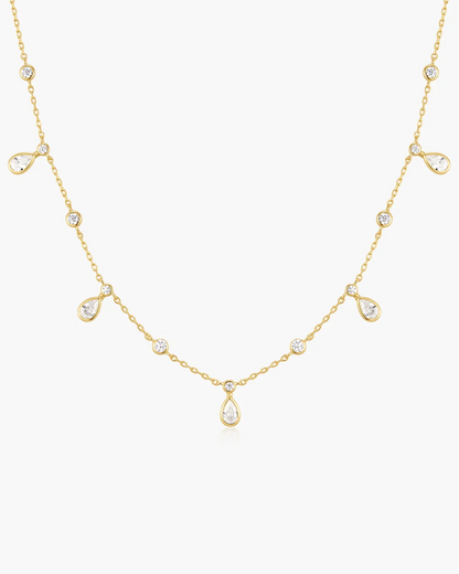 Bezel Teardrop Drop Station Necklace in Gold Plated Sterling Silver