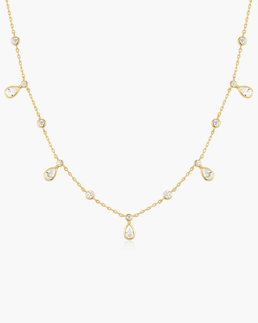 Bezel Teardrop Drop Station Necklace in Gold Plated Sterling Silver