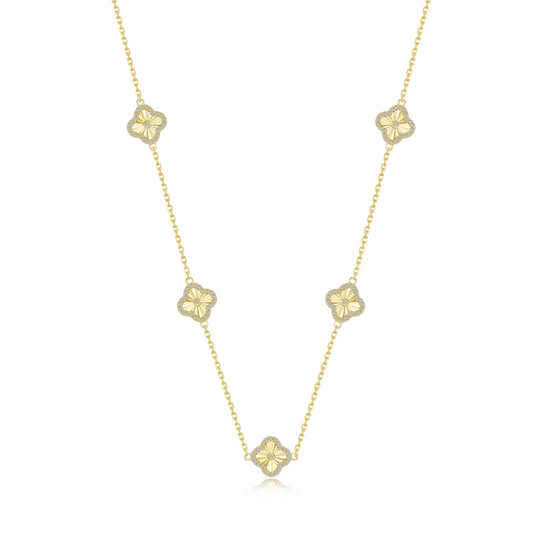 Simulated Diamond Clover Station Necklace in Gold Plated Sterling Silver