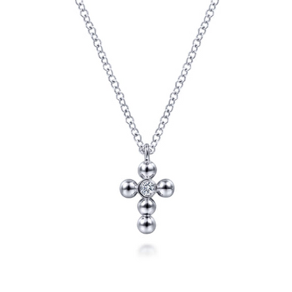 Diamond Beaded Petite Cross in Sterling Silver