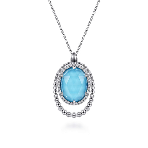 White Sapphire and Rock Crystal and Turquoise Pendant Necklace in Sterling Silver