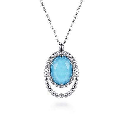 White Sapphire and Rock Crystal and Turquoise Pendant Necklace in Sterling Silver