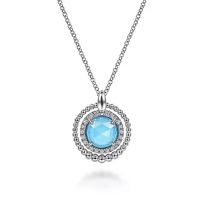 White Sapphire and Rock Crystal and Turquoise Pendant Necklace in Sterling Silver