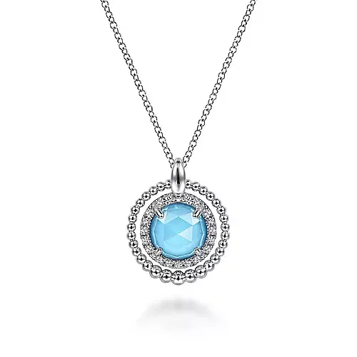 White Sapphire and Rock Crystal and Turquoise Pendant Necklace in Sterling Silver
