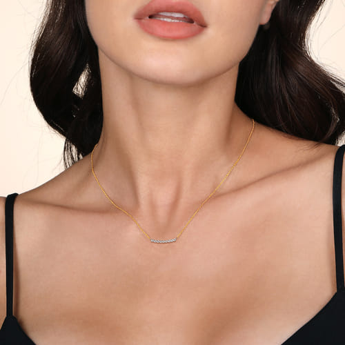 White Sapphire Bar Necklace in 14K Two Tone Gold