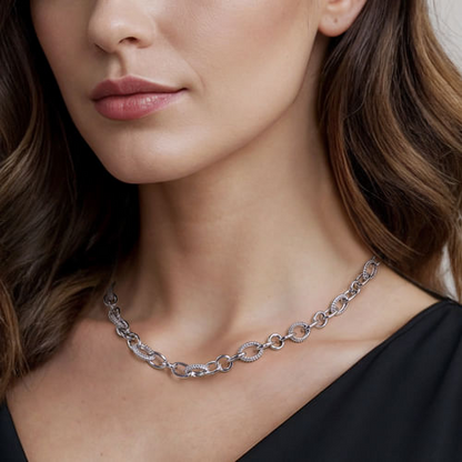 Textured Oval Link Chain Necklace in Sterling Silver