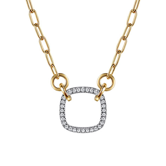 Diamond Pendant with Paperclip Chain in 14K Two Tone Gold