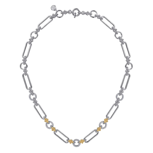 Clover & White Sapphire Link Necklace in Sterling Silver & 14K Yellow Gold