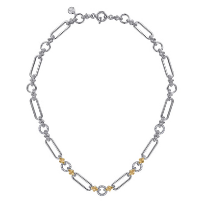 Clover & White Sapphire Link Necklace in Sterling Silver & 14K Yellow Gold