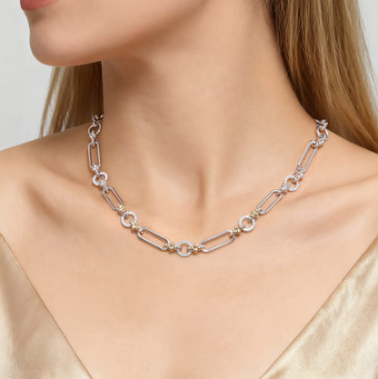Clover & White Sapphire Link Necklace in Sterling Silver & 14K Yellow Gold
