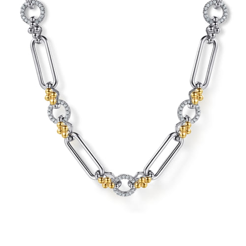 Clover & White Sapphire Link Necklace in Sterling Silver & 14K Yellow Gold