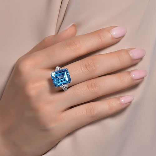 Simulated Aquamarine & Diamond Cocktail Ring in Sterling Silver