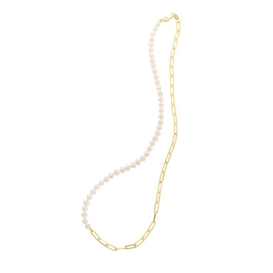 Pearl and Lite Paperclip Necklace in 14K Yellow Gold