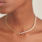 Gold Pearl Chunky Link Chain Necklace in Sterling Silver