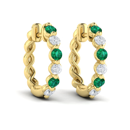 Diamond & Emerald Hoop Earrings in 14K Yellow Gold