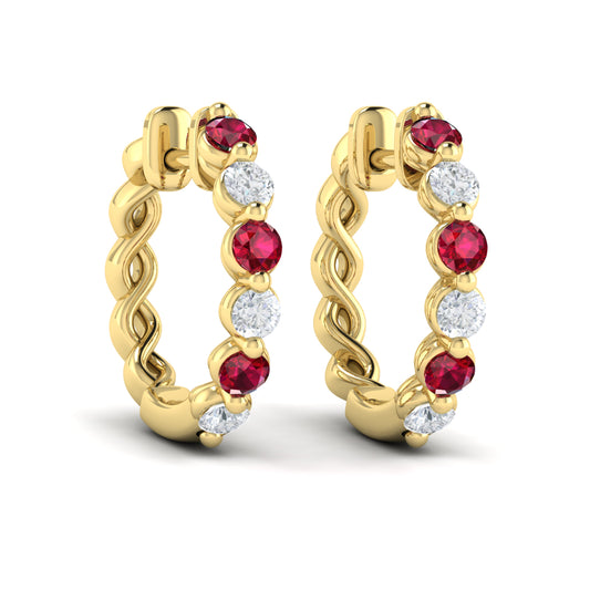 Diamond & Ruby Hoop Earrings in 14K Yellow Gold