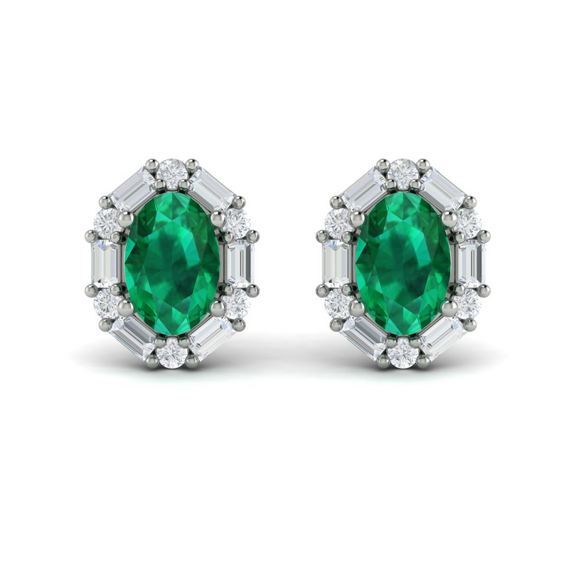 Emerald & Diamond Halo Stud Earrings in 14K White Gold