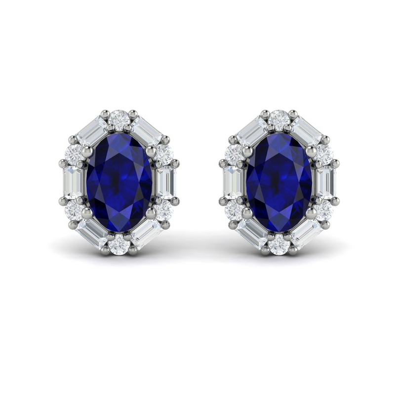 Sapphire & Diamond Halo Stud Earrings in 14K White Gold
