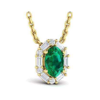 Emerald & Diamond Halo Necklace in 14K Yellow Gold
