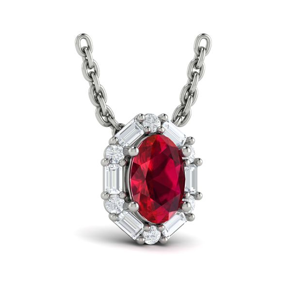 Ruby & Diamond Halo Necklace in 14K White Gold