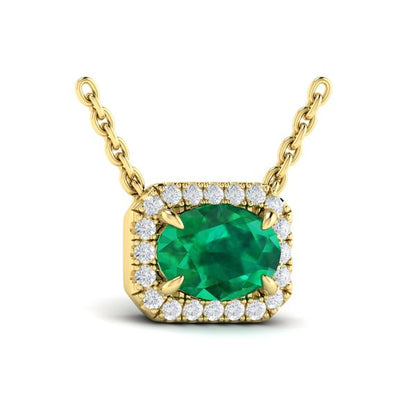 Emerald & Diamond Horizontal Halo Necklace in 14K Yellow Gold