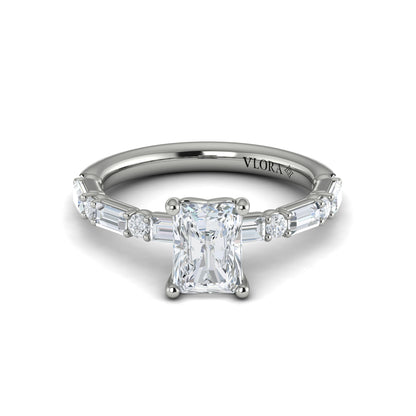 Round and Baguette Engagement Ring in 14K White Gold