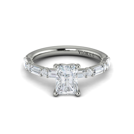 Round and Baguette Engagement Ring in 14K White Gold