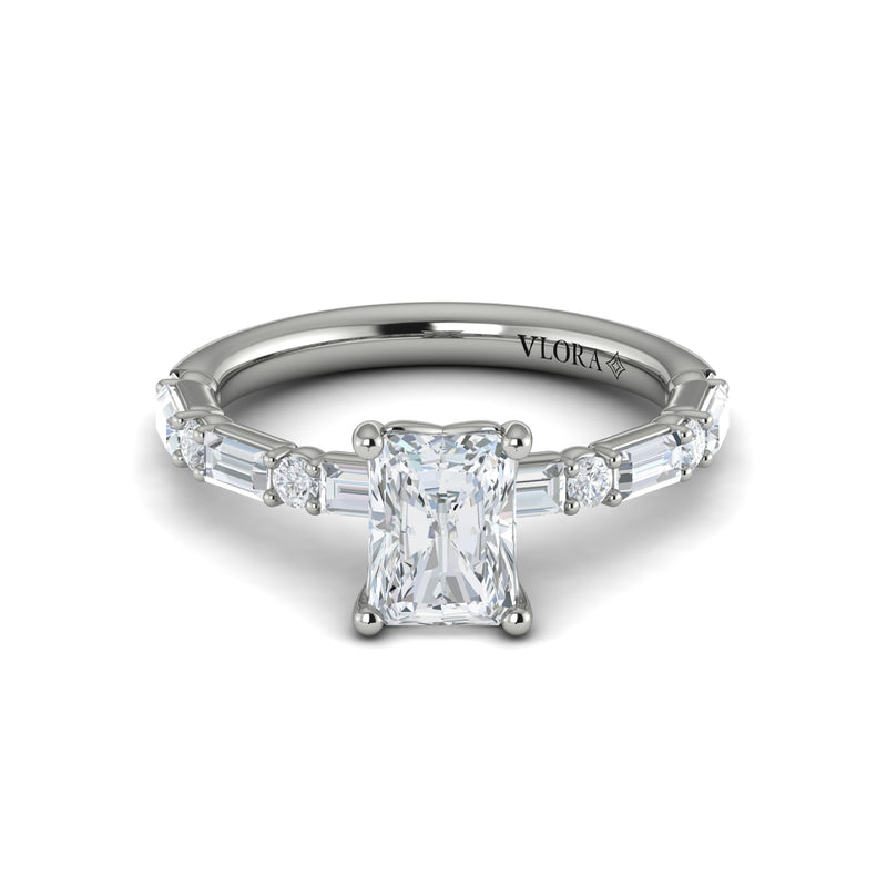 Round and Baguette Engagement Ring in 14K White Gold