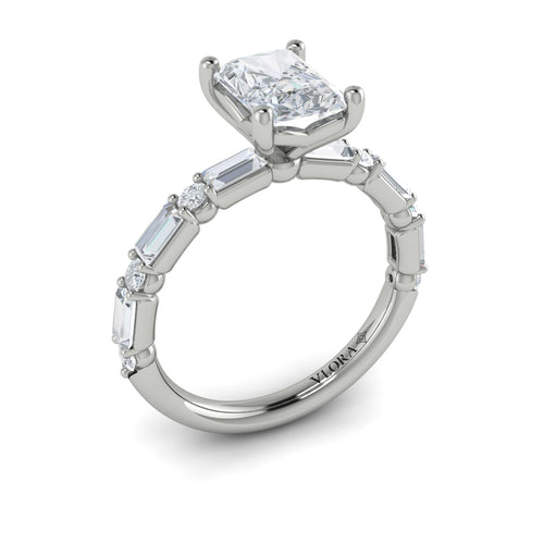 Round and Baguette Engagement Ring in 14K White Gold