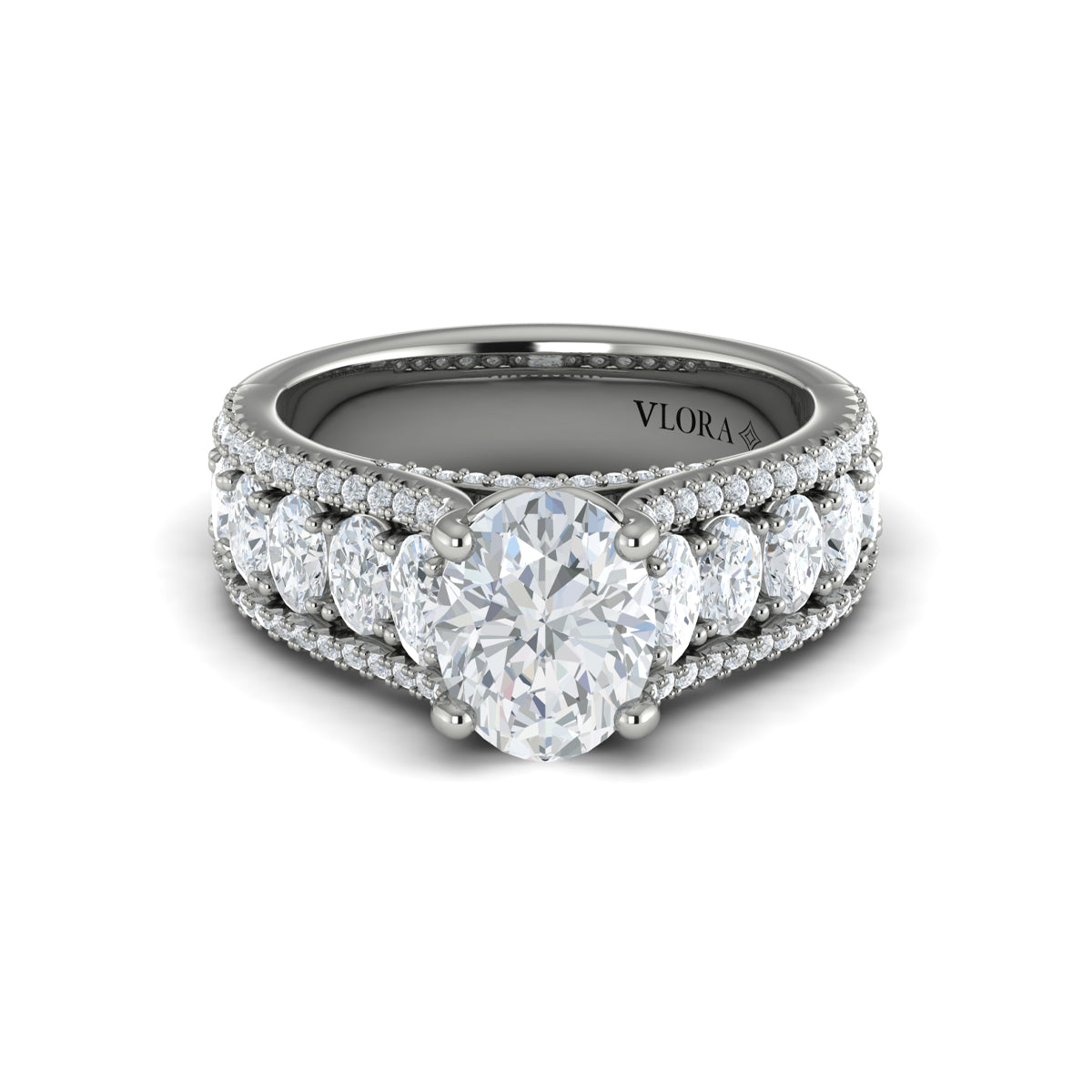 Triple Row Engagement Ring in 14K White Gold