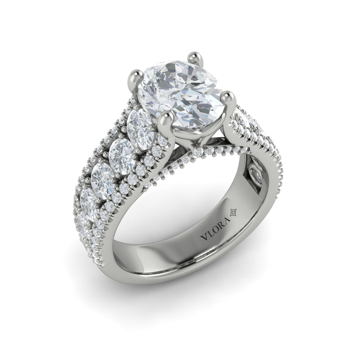 Triple Row Engagement Ring in 14K White Gold