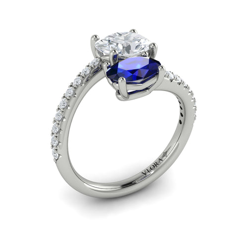 Two Stone Sapphire Bypass Engagement Ring in 14K White Gold