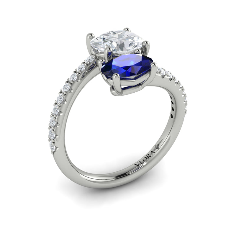 Two Stone Sapphire Bypass Engagement Ring in 14K White Gold