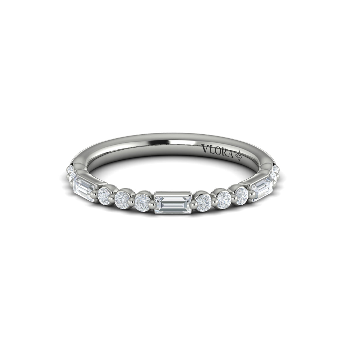 Diamond Round and Baguette Band in 14K White Gold