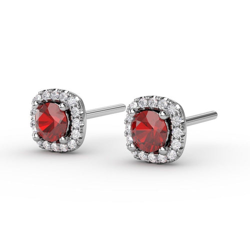 Diamond and Ruby Halo Stud Earrings in 14K White Gold