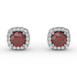 Diamond and Ruby Halo Stud Earrings in 14K White Gold